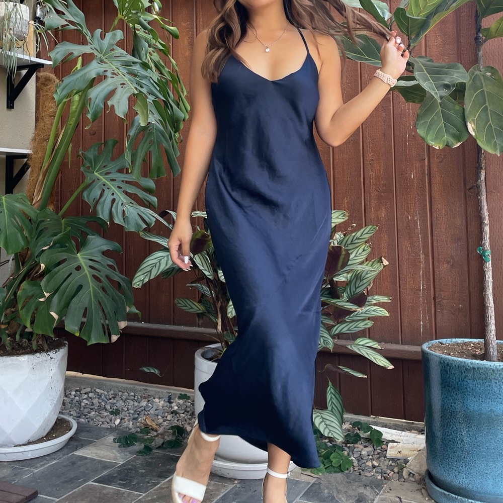 Aritzia Happerstance Navy Satin Slip Dress with Slit